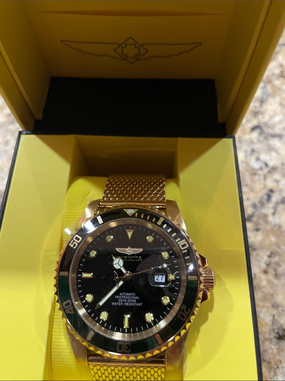 Invicta Pro Diver Automatic Gold Tone Mesh Bracelet Watch with Black Dial